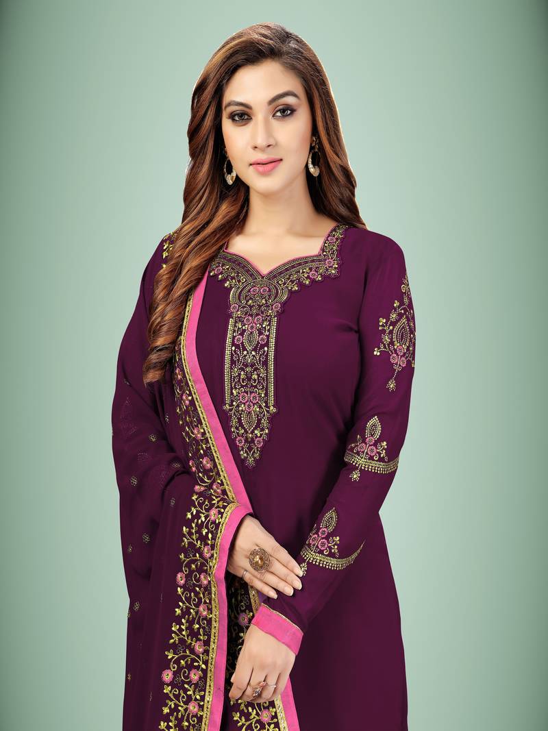 Purple embroidered Georgette Party Wear Kurta Pant with Dupatta Salwar Suit Set