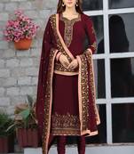 Trendmalls Maroon embroidered Georgette Party Wear Kurta Pant with Dupatta Salwar Suit Set