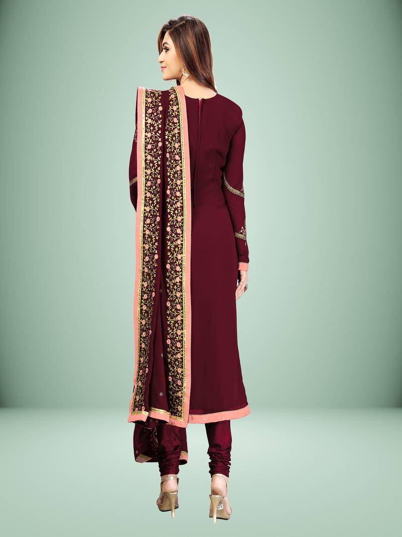 Trendmalls Maroon embroidered Georgette Party Wear Kurta Pant with Dupatta Salwar Suit Set