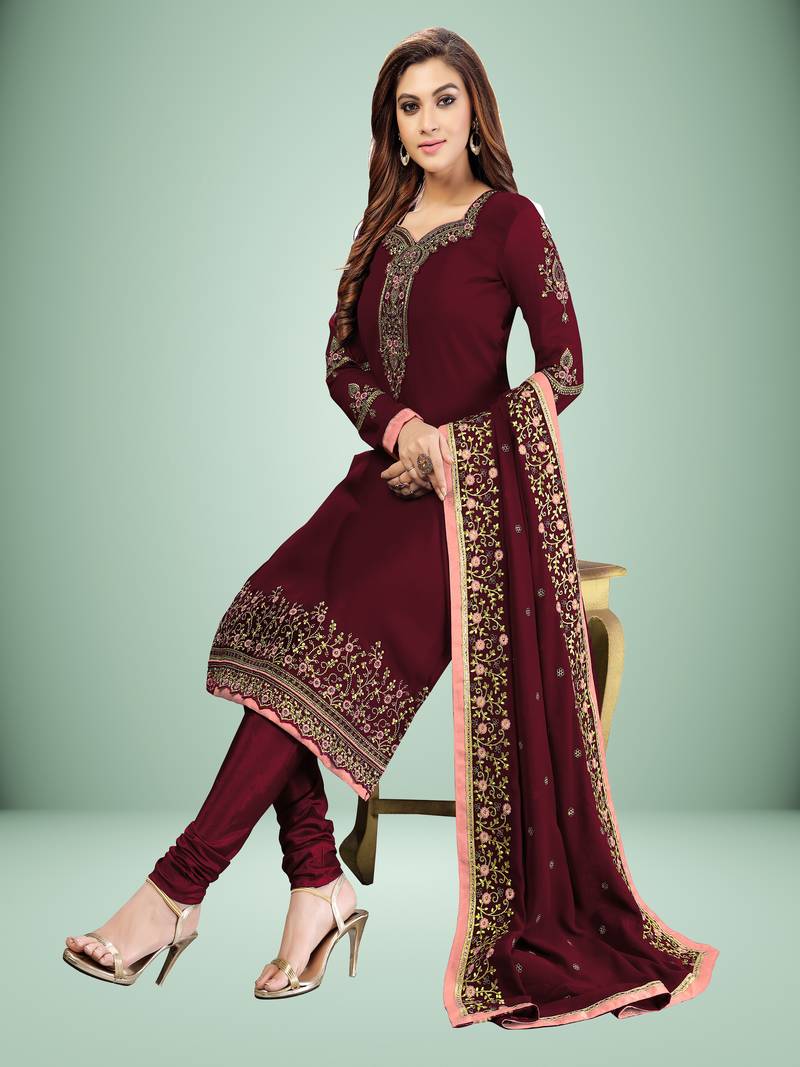 Trendmalls Maroon embroidered Georgette Party Wear Kurta Pant with Dupatta Salwar Suit Set
