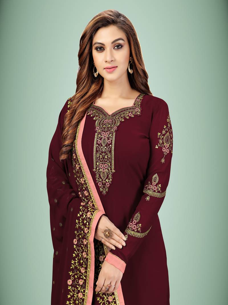 Trendmalls Maroon embroidered Georgette Party Wear Kurta Pant with Dupatta Salwar Suit Set