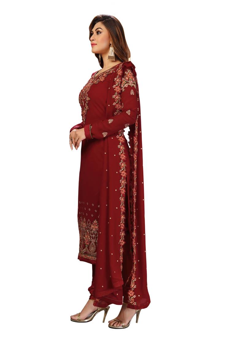 Trendmalls Maroon embroidered Georgette Party Wear Kurta Pant with Dupatta Salwar Suit Set