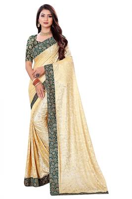 Beige Lycra sari with jacquard lace and jacquard blouse piece. 1