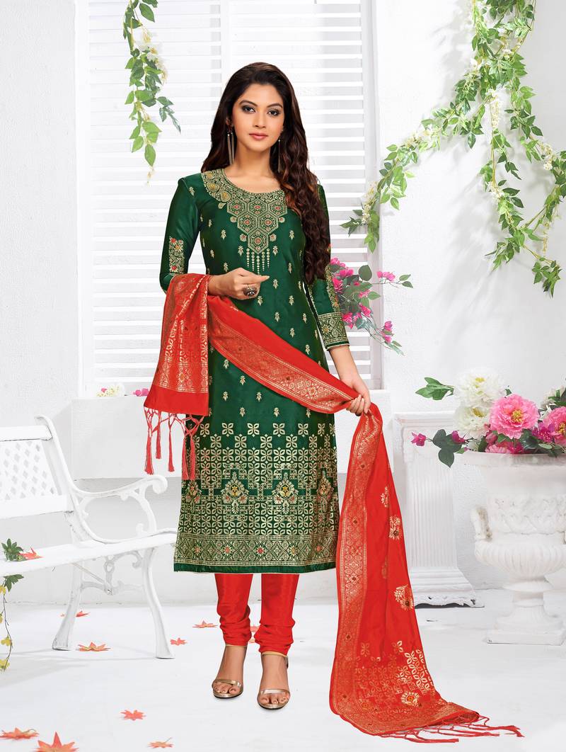 Trendmalls Green embroidered jacquard Party Wear Kurta Pant with Dupatta Salwar Suit Set