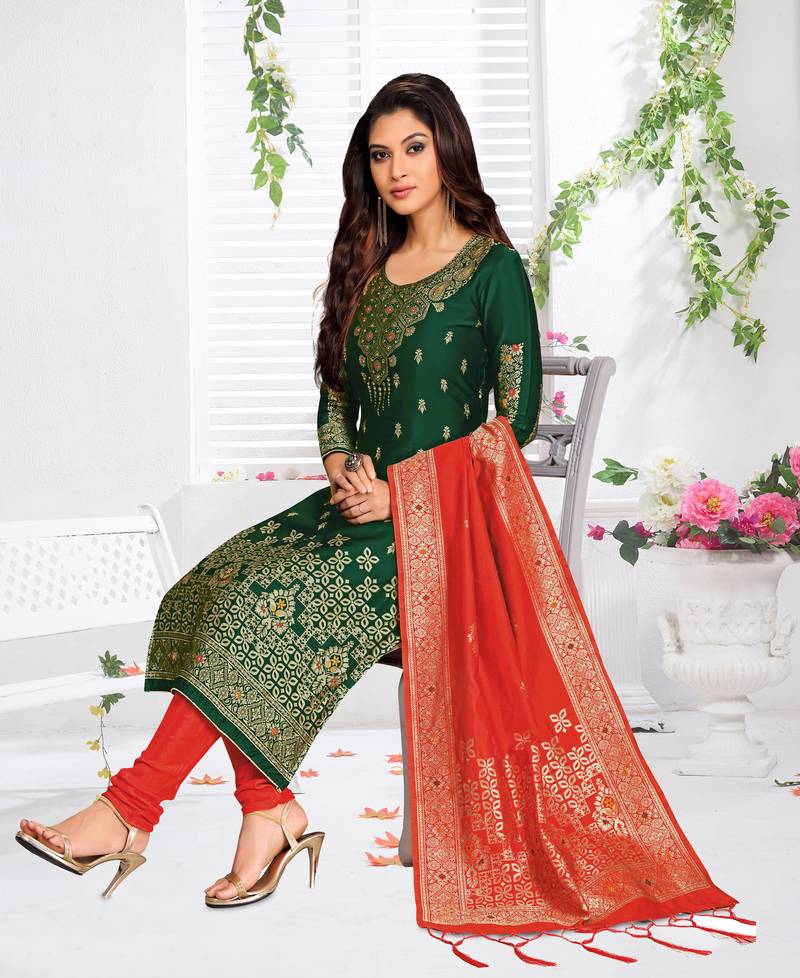 Trendmalls Green embroidered jacquard Party Wear Kurta Pant with Dupatta Salwar Suit Set