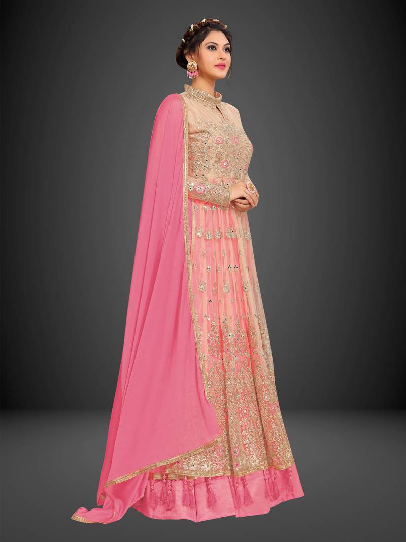 Trendmalls Pink embroidered  net Party Wear Festive Wedding Salwar Dress & Gown 