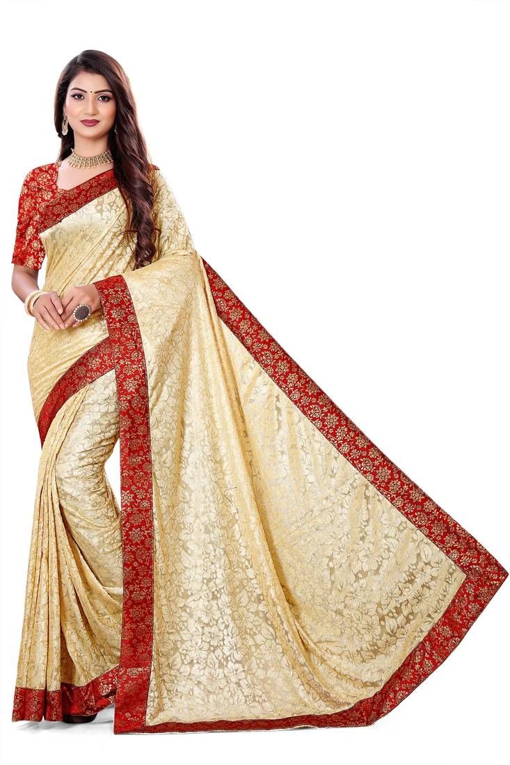 Beige Lycra sari with jacquard lace and jacquard blouse piece.