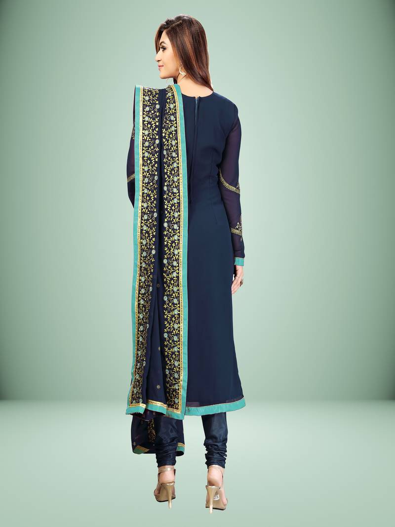Trendmalls Darkblue embroidered Georgette Party Wear Kurta Pant with Dupatta Salwar Suit Set