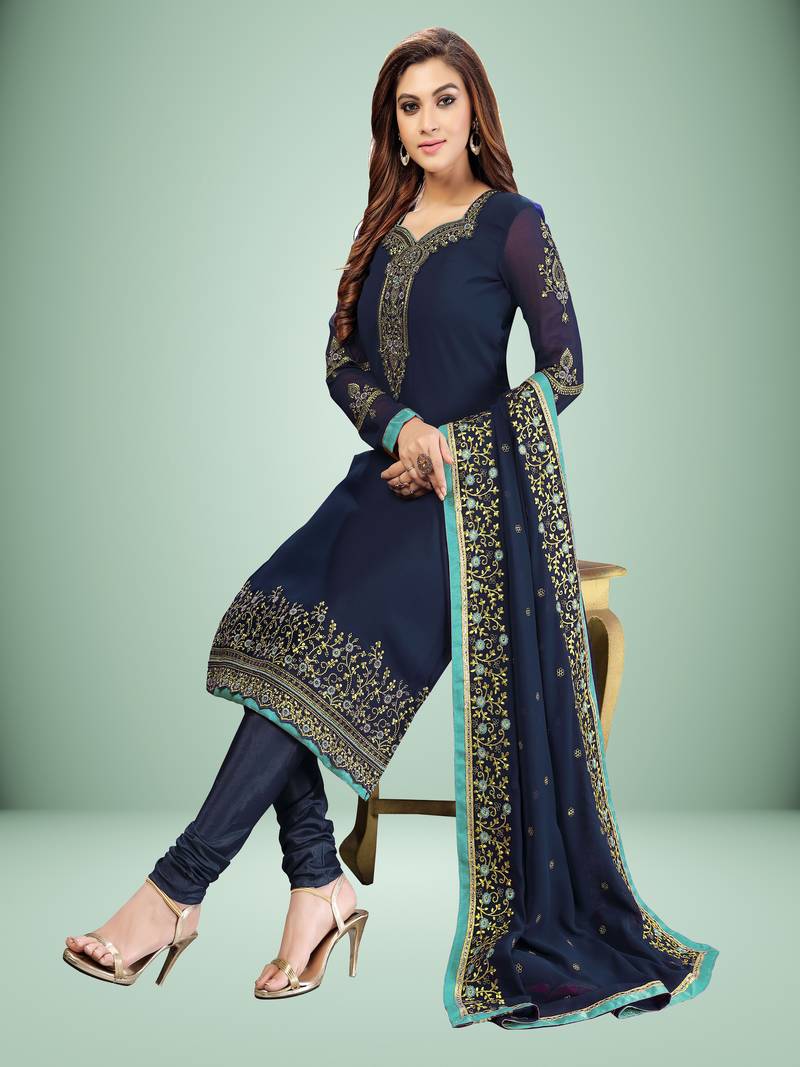 Trendmalls Darkblue embroidered Georgette Party Wear Kurta Pant with Dupatta Salwar Suit Set