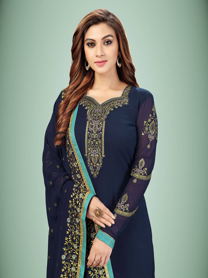 Trendmalls Darkblue embroidered Georgette Party Wear Kurta Pant with Dupatta Salwar Suit Set