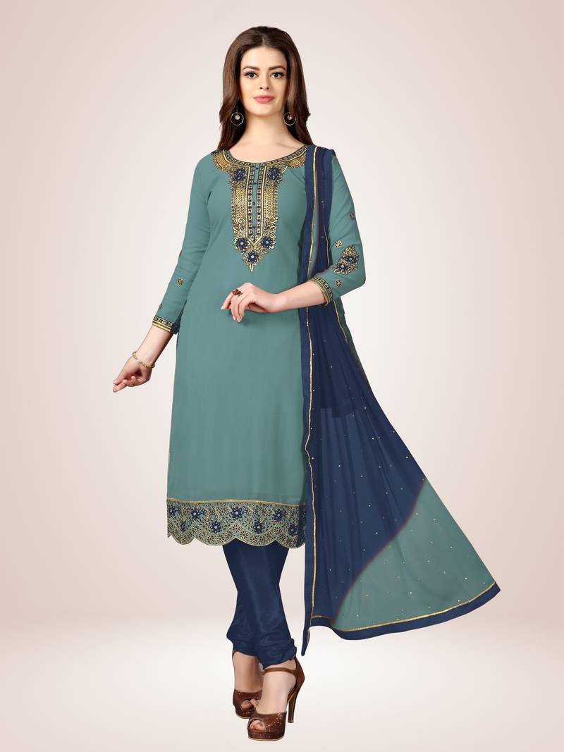 Trendmalls Sky Blue embroidered Georgette Party Wear Kurta Pant with Dupatta Salwar Suit Set