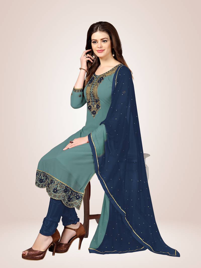 Trendmalls Sky Blue embroidered Georgette Party Wear Kurta Pant with Dupatta Salwar Suit Set