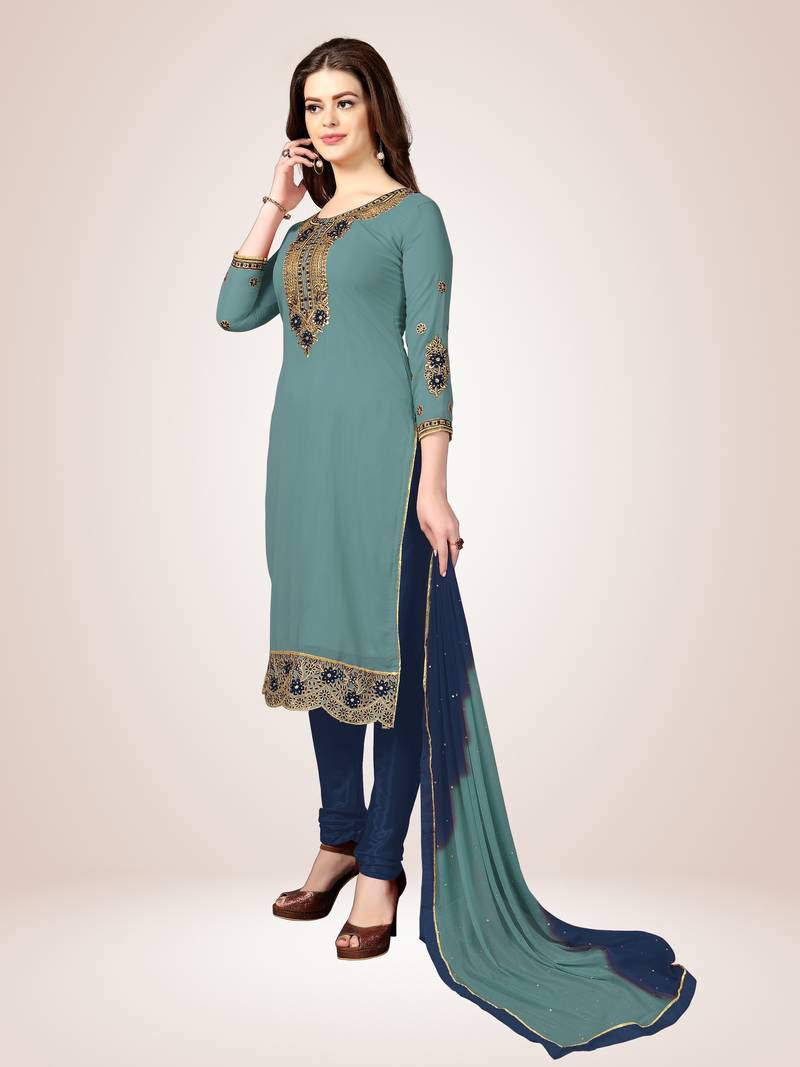Trendmalls Sky Blue embroidered Georgette Party Wear Kurta Pant with Dupatta Salwar Suit Set