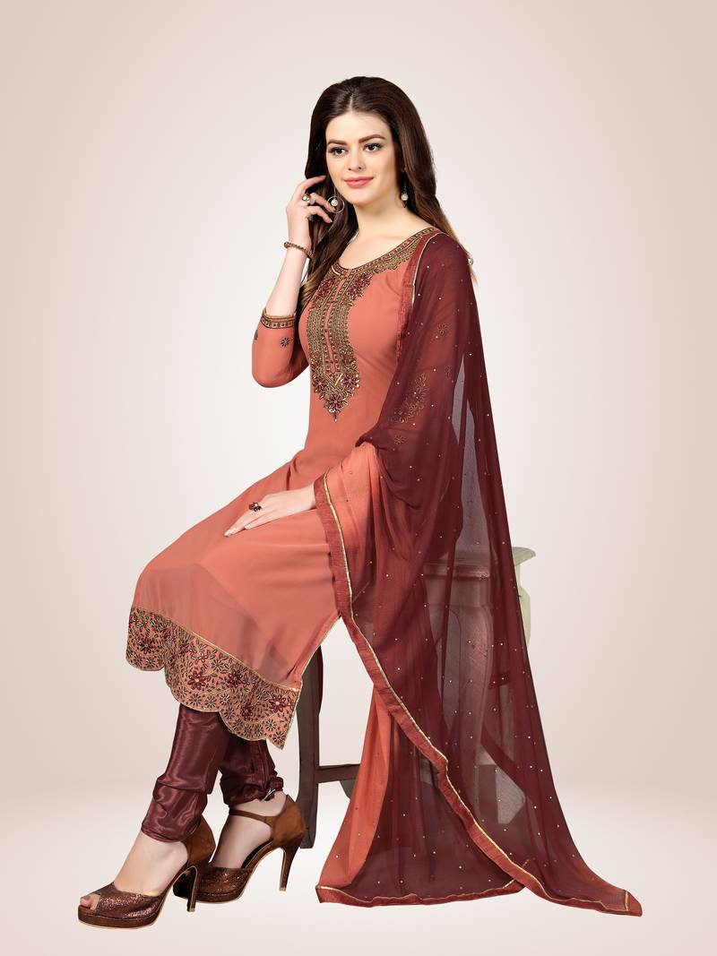 Trendmalls Brown embroidered faux georgette Party Wear Festive Wedding Salwar Dress & Gown 