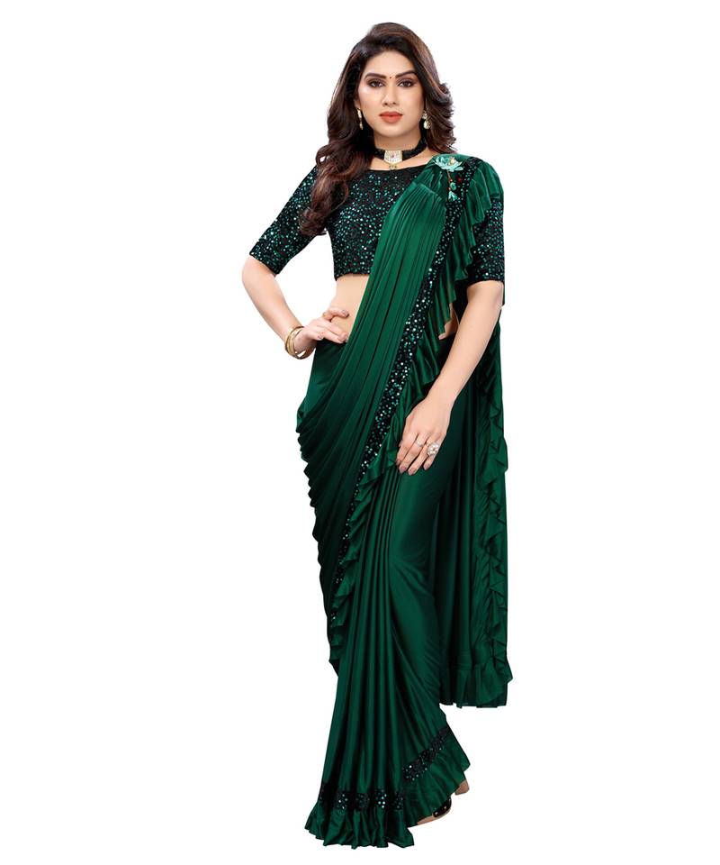 Dark green plain lycra saree with blouse