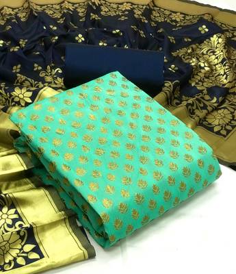  Sea green Banarasi silk Unstitched dress material 1