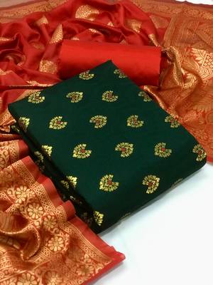  Green Banarasi silk Unstitched dress material 1