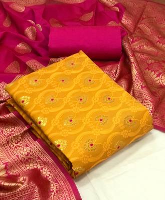  Mustard Banarasi silk Unstitched dress material 1