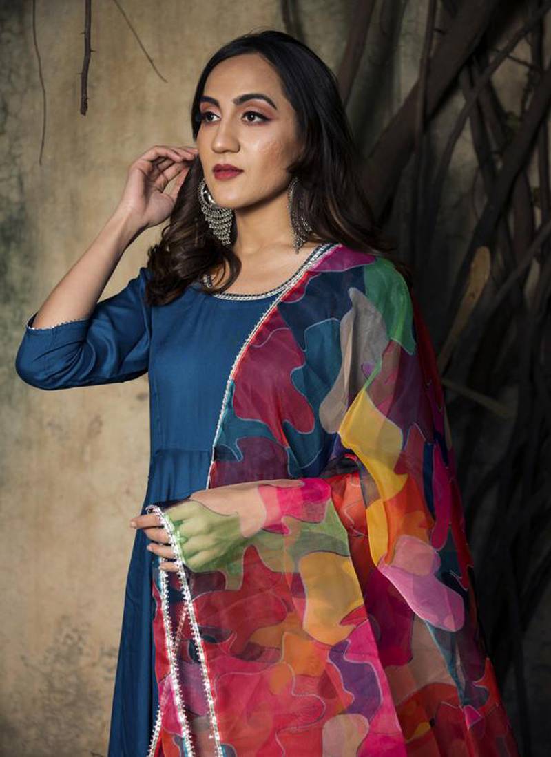 Royal Blue Rayon Designer Gown with Organza Dupatta