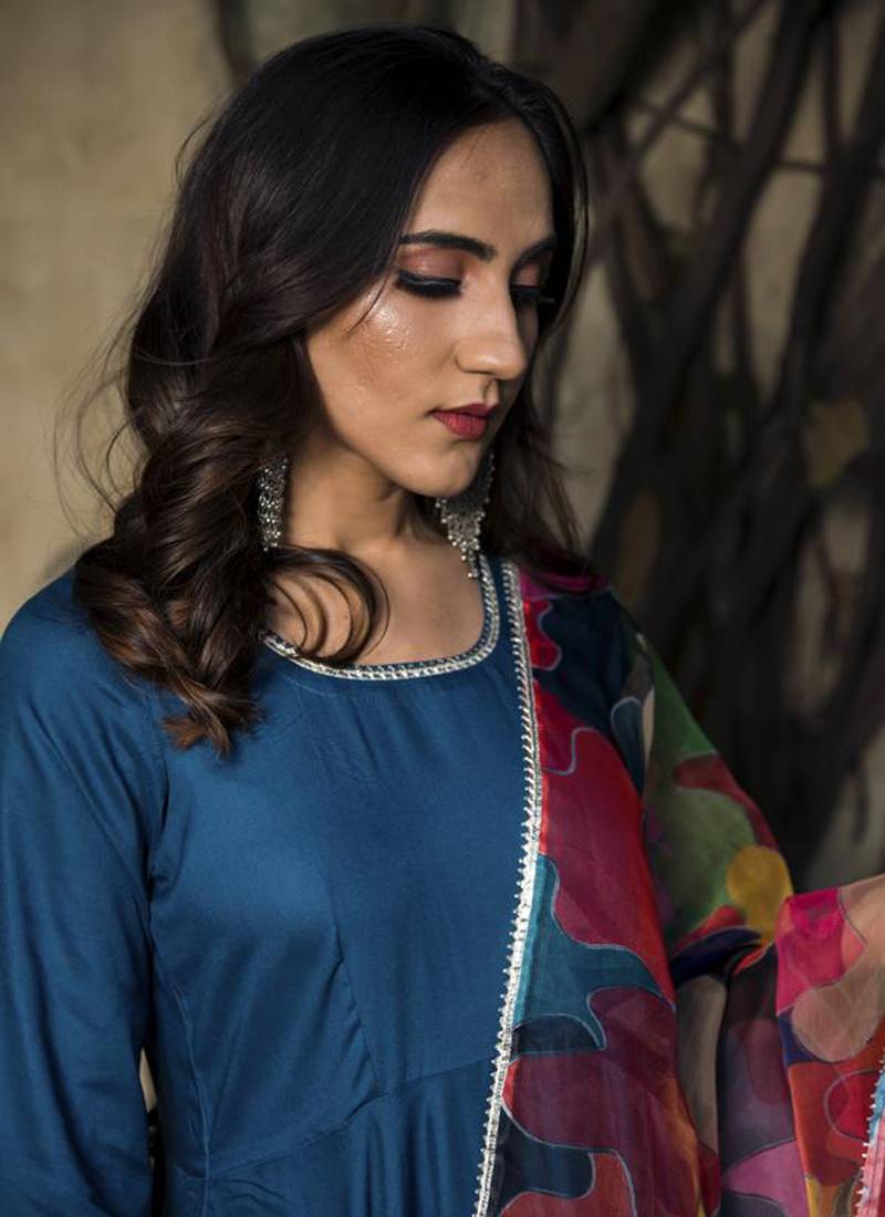 Royal Blue Rayon Designer Gown with Organza Dupatta