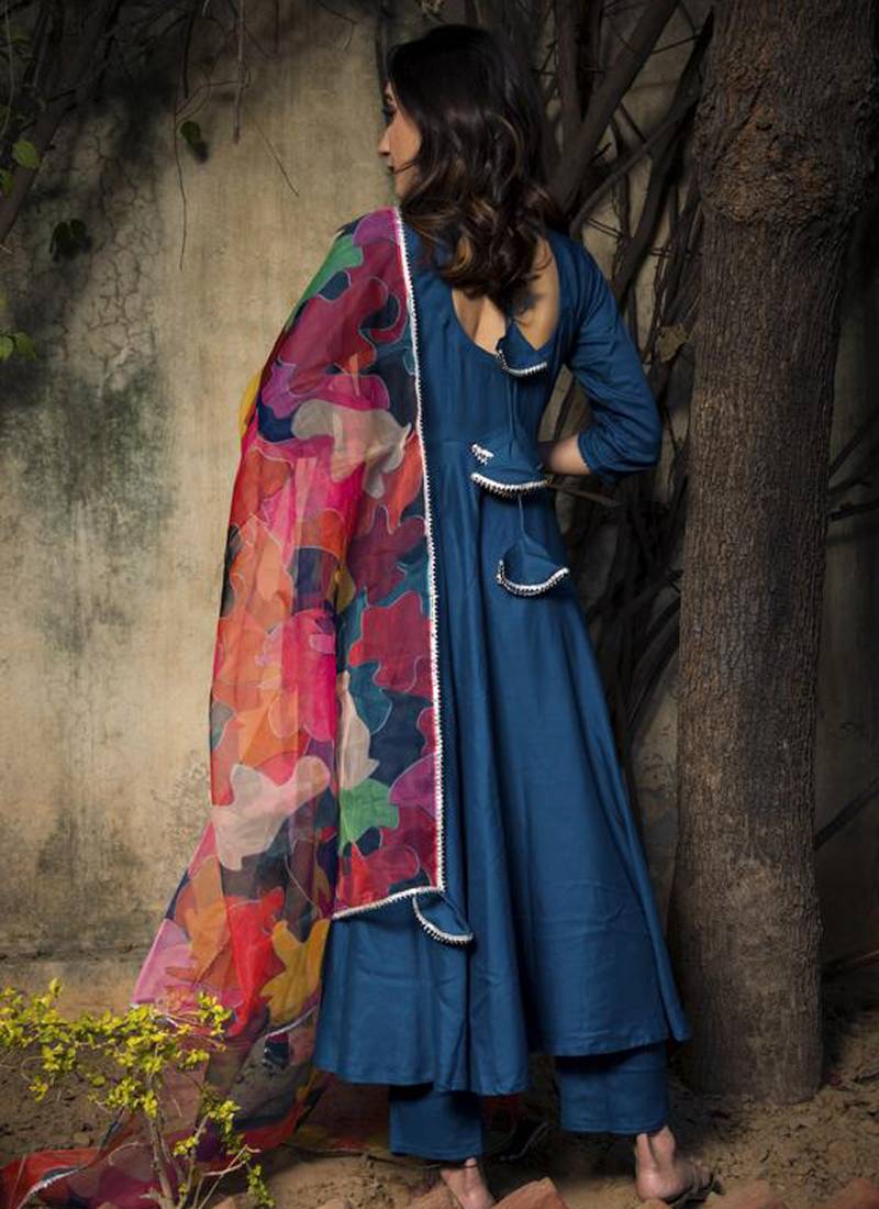 Royal Blue Rayon Designer Gown with Organza Dupatta
