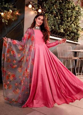 Pink Rayon Designer Gown with Organza Dupatta 1