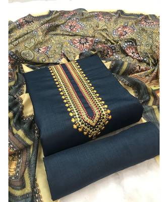 SheWill Peacock Blue Color Printed Dupatta Unstitched Dress Material 1