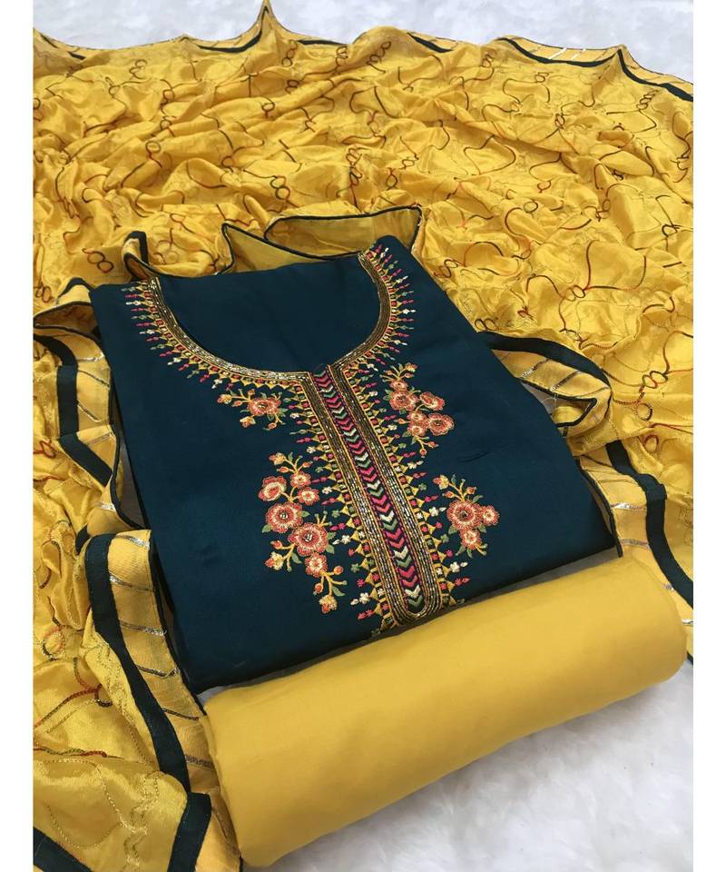 SheWill Green & Yellow Cotton Blend Weaving & Embroidery Dress Material - SheWill - 3708028 SheWill Green & Yellow Cotton Blend Weaving & Embroidery Dress Material - SheWill - 3708028