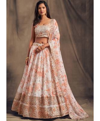 White Zari And Sequins Embroidered Organza Semi Stitched Lehenga 1