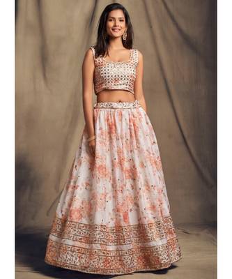 White Zari And Sequins Embroidered Organza Semi Stitched Lehenga 2