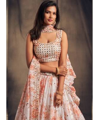 White Zari And Sequins Embroidered Organza Semi Stitched Lehenga 3
