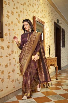 Wine woven silk saree with blouse 1