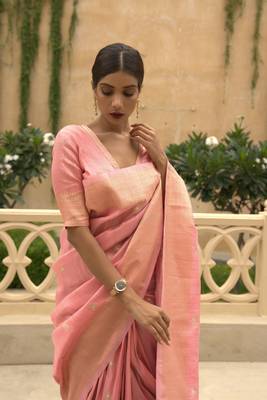 Light pink woven silk saree with blouse 2