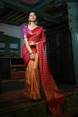 Multicolor Nauvari Saree Women's Silk Traditional Weaves Banarasi Saree 1
