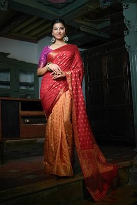 Multicolor Nauvari Saree Women's Silk Traditional Weaves Banarasi Saree 2