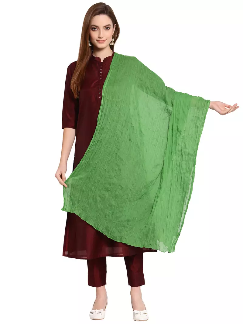 Green Solid Crinkled Cotton Stole (180 x 50 cm)