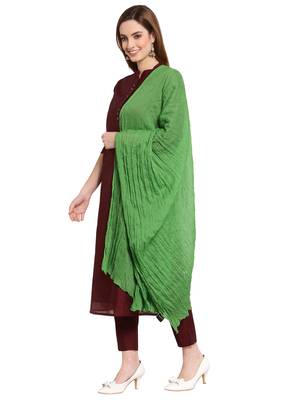 Green Solid Crinkled Cotton Stole (180 x 50 cm) 2