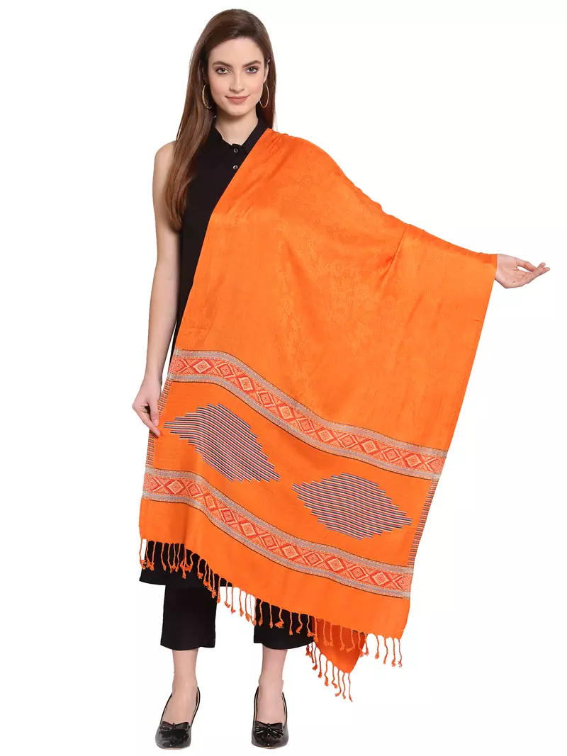 Orange & Multi Geometrical Woven Design Viscose Shawl (210 x 70 cm)