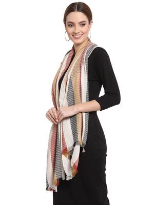 Beige & Multi Twill Weave/Striped Viscose Scarf (180 x 70 cm) 2