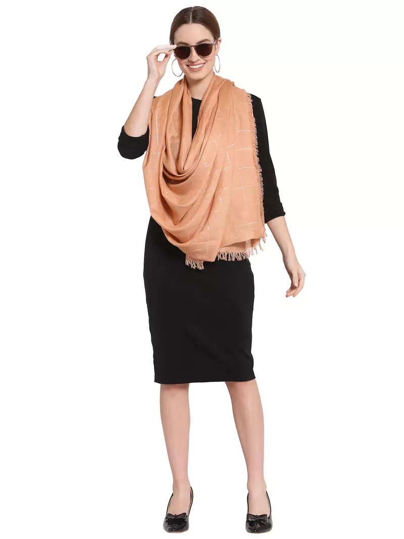 Coral & Silver Checkered Woven Design Viscose Stole (190 x 100 cm)