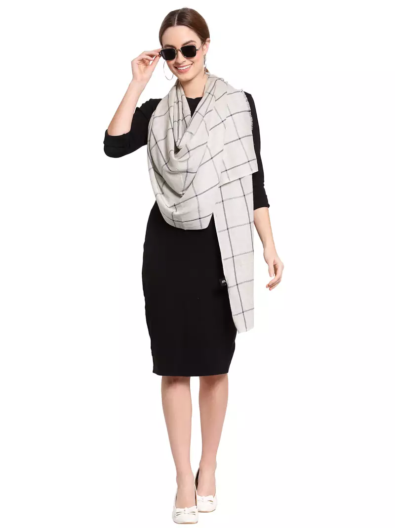 White & Black Checkered Woven Design Woolen Stole (200 x 70 cm)