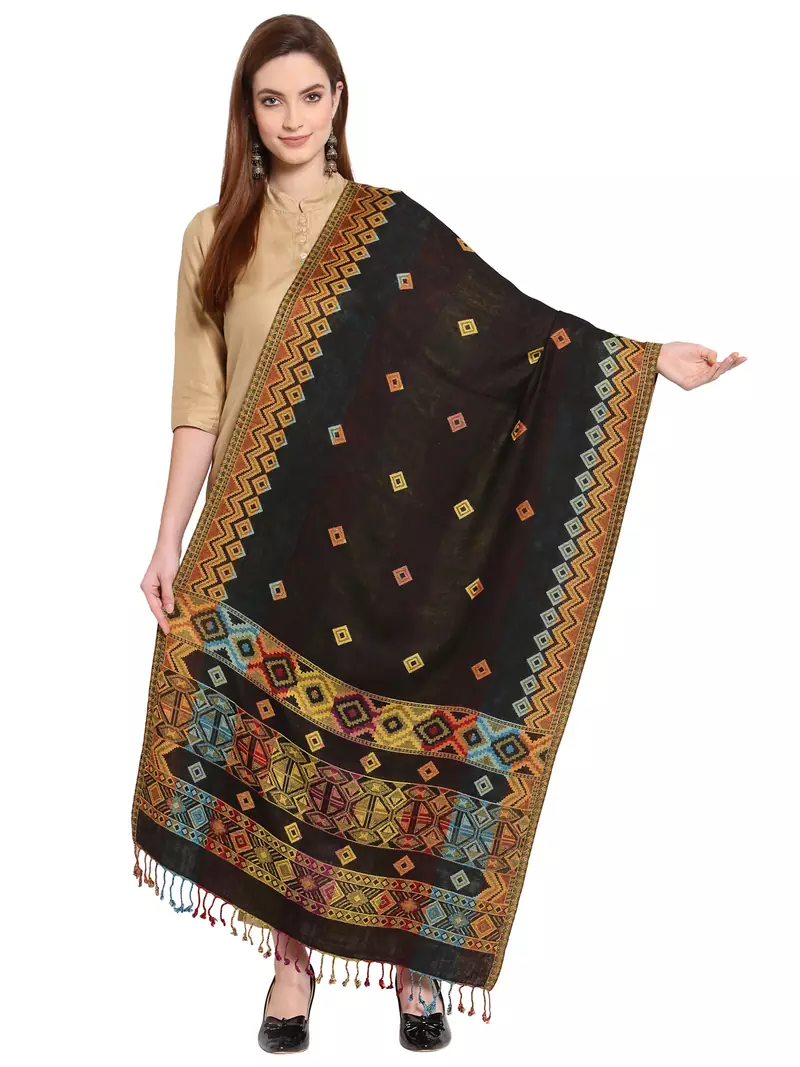 Black & Multi Geometrical Woven Design Viscose Shawl (210 x 75 cm)