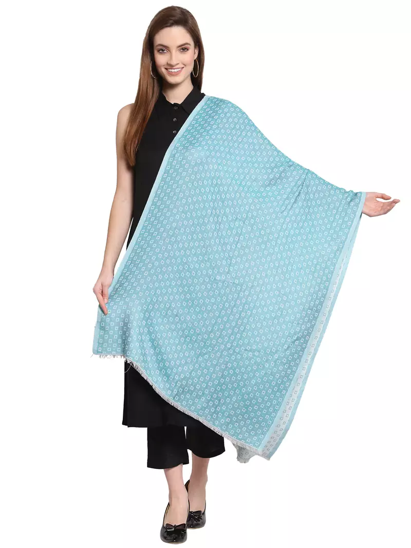 Sky Blue & White Geometrical Woven Design Viscose Shawl (200 x 70 cm)