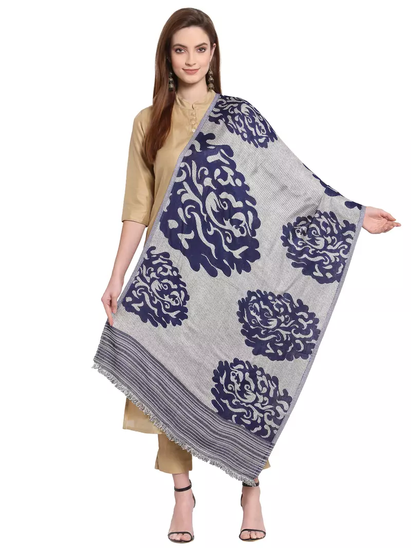 Navy Blue & White Woven Design Viscose Shawl (180 x 70 cm)
