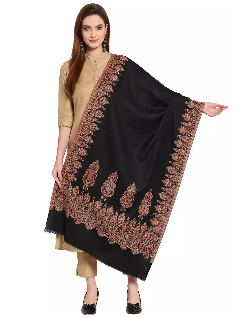 Black & Brown Ethnic Motifs Woven Design Woolen Shawl (200 x 70 cm)