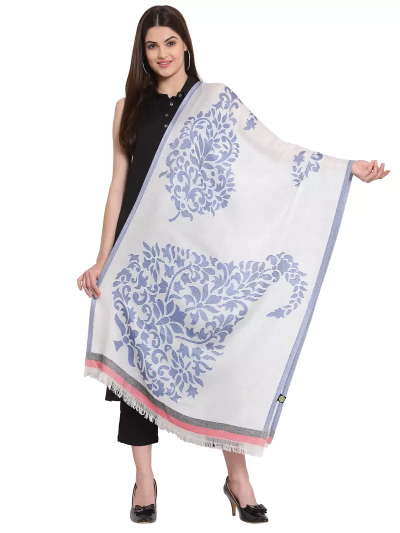 White & Blue Paisley Woven Design Woolen Shawl (200 x 70 cm)