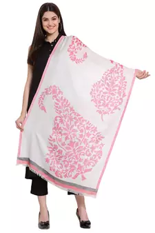 White & Pink Paisley Woven Design Woolen Shawl (200 x 70 cm)