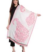 White & Pink Paisley Woven Design Woolen Shawl (200 x 70 cm)