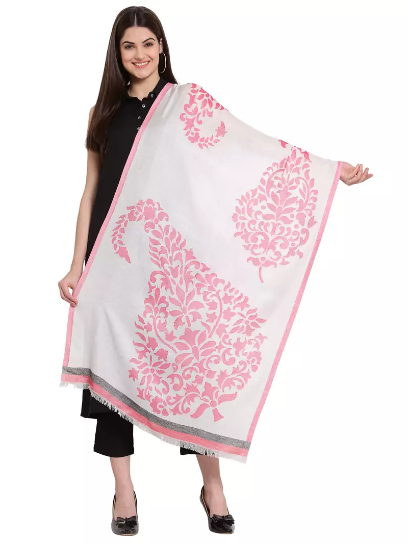 White & Pink Paisley Woven Design Woolen Shawl (200 x 70 cm)