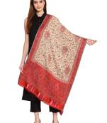 Cream & Red Ethnic Motif Woven Design Woolen Shawl (200 x 70 cm)